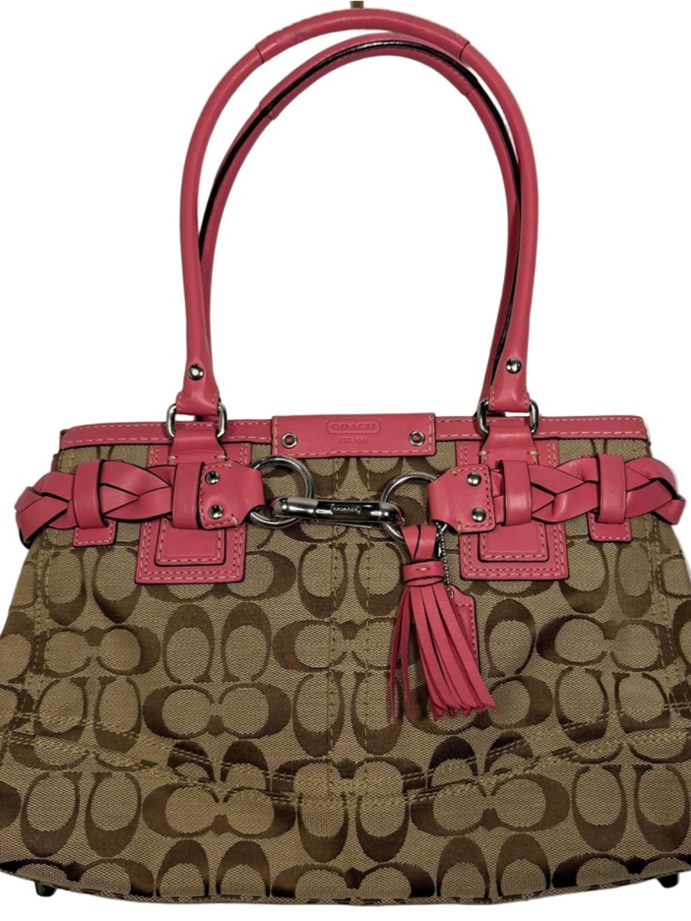 COACH Hampton C Logo Beige Canvas Braided Pink Leather Carryall Tote F13065